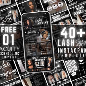 May include: A set of black and white Instagram templates for lash artists. The templates feature promotional graphics, booking details, and a phone mockup displaying a booking site. Text includes "New Lashes Calling", "Free 01", and "40+ Lash Stylist Instagram Templates".
