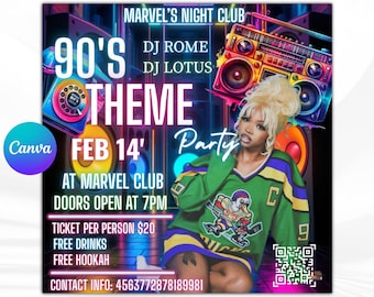 Invitación editable para fiesta de cumpleaños de los 90, regreso a los 90, fiesta de neón, brillo, baile, discoteca, cumpleaños de los 2000, descarga instantánea de los 90, invitación de diseño de los 90