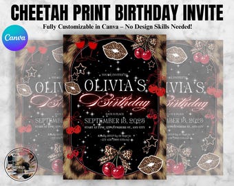 Cheetah Print Birthday Invitation, Black Bow Coquette Party Printable Invite, Editable Canva Design, Instant PDF Download