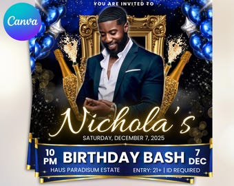 Plantilla de volante de cumpleaños editable, invitación de cumpleaños digital, volante de cumpleaños para hombres, plantilla negra de Canva, invitación de video de cumpleaños
