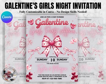Inbjudan till Valentinsdag-fest i rosa rosett, redigerbar Canvas-mall (digital nedladdning)