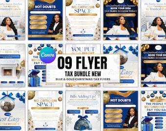 Folletos navideños azules y dorados para la declaración de impuestos, plantillas editables de Canva (Kit de marketing para preparadores de impuestos)
