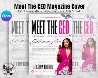 Folleto "Conoce al CEO", plantilla de Canva estilo revista, folleto editable de presentación del propietario de un negocio, folleto de lanzamiento de marca "Mujeres en los negocios"