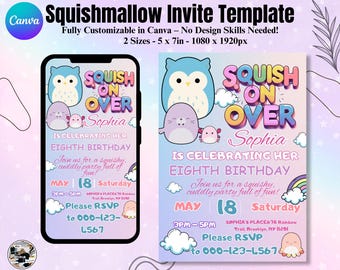 Kawaii födelsedagsinbjudan: Pastellfärgat plyschdjurstema (Canva-mall, digital nedladdning)