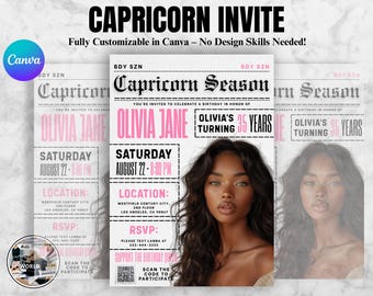 Zaproszenie na urodziny dla znaku zodiaku Koziorożca, zaproszenie na imprezę astrologiczną, edytowalny szablon Canva, kolacja dla znaku zodiaku, sezon horoskopów w gazetach Glam