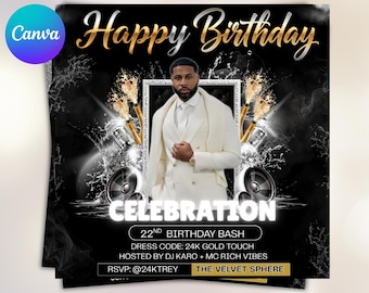 Plantilla de volante de cumpleaños editable, invitación de cumpleaños digital, volante de cumpleaños para hombres, plantilla negra de Canva, invitación de video de cumpleaños