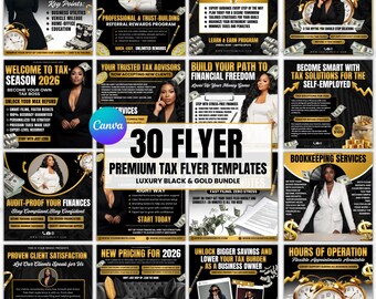 Megapaquete de folletos fiscales en negro y dorado: plantillas editables de Canva y kit de marketing para la oficina de impuestos