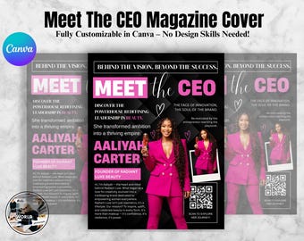 Folleto "Conoce al CEO", plantilla de Canva estilo revista, folleto editable de presentación del propietario de un negocio, folleto de lanzamiento de marca "Mujeres en los negocios"