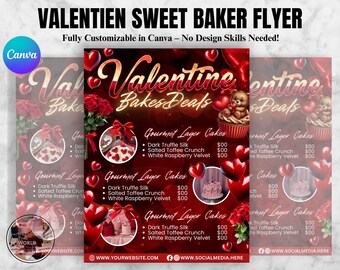Plantilla de volante de panadería para San Valentín, menú de dulces (editable en Canva, descarga digital)