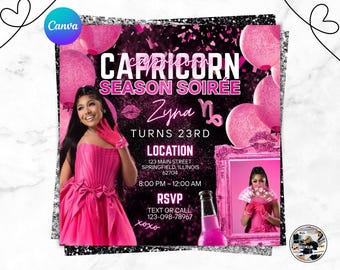 Volante de fiesta de cumpleaños de Capricornio: Invitación editable en Canva