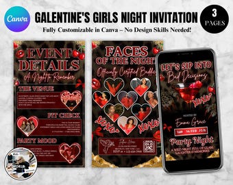 Plantilla de invitación para el Día de Galentine de Pour Decisions / Invitación para la Noche de Chicas / Estampado de Guepardo Rojo Galentines Evite / Invitación Digital Galentines