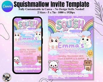 Inbjudan till födelsedag med plyschdjur: Regnbågsfärgad pastellfärgad Canva-mall (digital nedladdning)