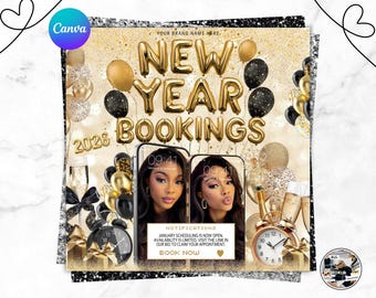 Folleto de reservas para Año Nuevo, Feliz Año Nuevo, Evento de Nochevieja, Folleto de citas, Folleto de rebajas, Folleto de belleza (pelo, trenzas, uñas), Editable en Canva