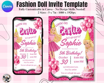 Invitación de cumpleaños de Muñeca de Moda Rosa: Invitación editable (Descarga digital)