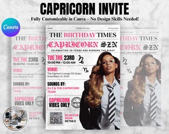 Zaproszenie urodzinowe dla znaku zodiaku Koziorożec, zaproszenie na imprezę astrologiczną, edytowalny szablon Canva, znak zodiaku, sezon horoskopów w gazetach Glam, zrób to sam