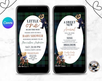 Polo Teddy Bear Baby Shower Invitation, Luxury Polo Teddy Bear Shower Invite, Gender Neutral Classic Plaid, Tartan Equestrian Editable Canva
