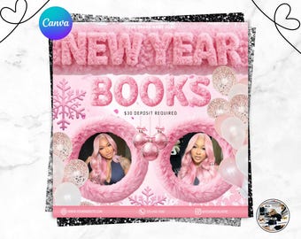 Folleto de reservas para Año Nuevo, Feliz Año Nuevo, Evento de Nochevieja, Folleto de citas, Folleto de rebajas, Folleto de belleza (pelo, trenzas, uñas), Editable en Canva