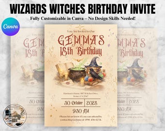 Invitación de cumpleaños de magos y brujas, invitación de magos, invitación de cumpleaños de la escuela de magia, descarga digital, plantilla editable de Canva