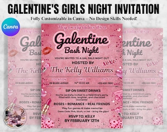 Invitación editable para el Día de Galentine (Libro de quemas), invitación para fiesta de chicas rosas, invitación para San Valentín, solo para chicas, invitación de Galentine de Chicas malas