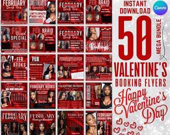 Folleto de reservas de febrero, folleto de San Valentín, folleto de peluquería de San Valentín, folleto de maquillaje de febrero, folleto de peluquería de febrero, folleto de trenzas de febrero