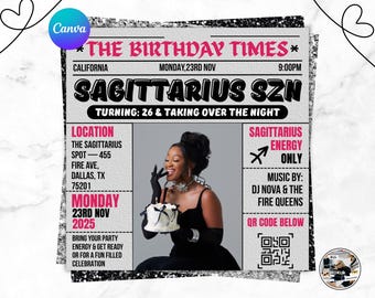 Invitación de cumpleaños para Sagitario, Folleto de periódico para Sagitario, Folleto de temporada de Sagitario, Folleto de cumpleaños, Plantilla digital editable en Canva