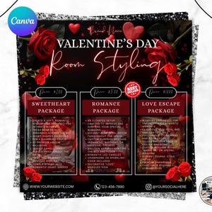 Może przedstawiać: Reklama stylizacji pokoju na Walentynki z trzema opcjami pakietów: Sweetheart, Romance i Love Escape. Projekt zawiera czerwone róże, serca i czarne tło z tekstem i szczegółami cen. Widoczne jest logo Canva.
