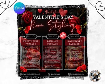Folleto para ambientación de salas en San Valentín, Folleto para reservas de eventos, Salas para San Valentín, Plantilla para ambientación de salas, Servicios de decoración para San Valentín, Folleto editable para eventos