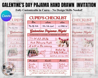 Invitación de San Valentín con pijama dibujado a mano para el Día de Galentine, invitación de Galentine en rosa y rojo con cheque para invitados, noche de chicas en pijama, caprichosa invitación dibujada a mano.