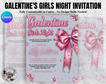 Galentine Party Einladung, Pink Heart & Bow Geburtstagseinladung, Valentinstag Party Einladung, bearbeitbare Canva, digitale Einladung