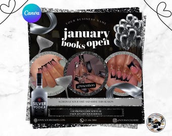 Folleto de reservas de enero: Año Nuevo, Cita, Cabello, Pestañas, Pelucas, Uñas. Reserva ahora (Plantilla de Canva).