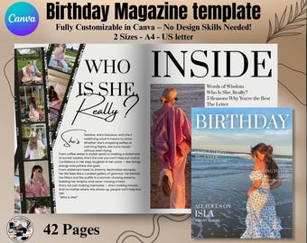 Plantilla de revista de cumpleaños editable de 42 páginas para Canva - Revista de cumpleaños Vogue DIY - Regalo de cumpleaños personalizable - Revista personalizada