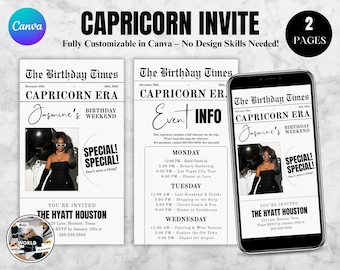 Invitación editable para el fin de semana de cumpleaños de Capricornio, invitación digital para el cumpleaños de Capricornio, itinerario de cumpleaños, plantilla de Canva