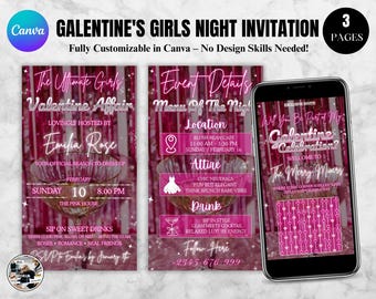 Invitación para la Noche de Galentine con chicas, cócteles de San Valentín, plantilla digital rosa para la fiesta de Galentine, Canva editable
