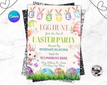 Invitación a brunch de Pascua y búsqueda de huevos: plantilla editable para fiesta de Pascua