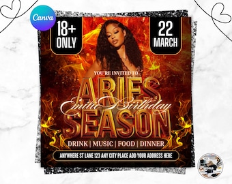 Aries Birthday Flyer, Aries Flyer, Girl's Birthday Party Flyer, Celebration Flyer, Birthday Flyer Template, Birthday Event Flyer Invite
