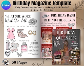 50 páginas de revista personalizadas para cumpleaños de niña / Regalo de cumpleaños personalizado para mejor amiga y hermana / Regalo para ella / Tamaño A4 y carta editable