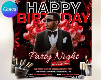 Editable Birthday Flyer Template Digital Birthday Invite Men's Birthday Flyer Black Canva Template Birthday Video Invite
