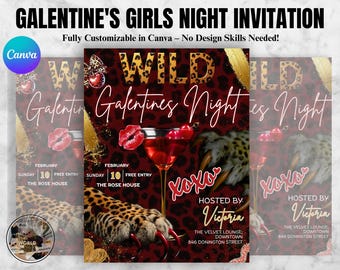 Invitación para la fiesta de Galentines con guepardo, Galentines dorado y rojo a lo loco, invitación para la noche de chicas de Galentines, leopardo de San Valentín, Canva editable