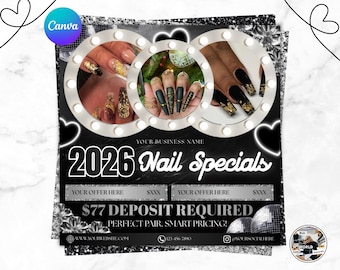 Folleto de uñas de Año Nuevo, promoción de citas en salones de belleza (editable en Canva, descarga digital)