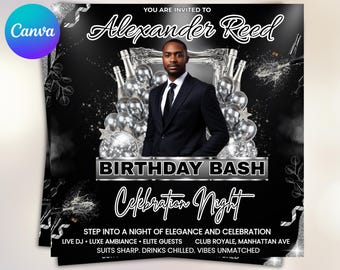 Editable Birthday Flyer Template Digital Birthday Invite Men's Birthday Flyer Black Canva Template Birthday Video Invite