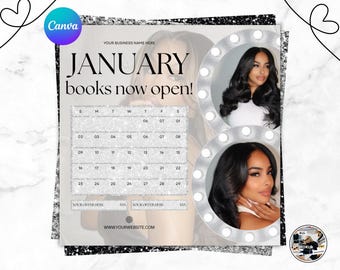 Ulotka z rezerwacjami na styczeń, książki z rzęsami, otwarte, dostępne miesięczne rezerwacje, peruki, ulotki, książki, styczniowa ulotka z rezerwacją, spotkanie (szablon Canva)