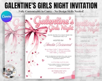 Invitación para la Noche de Galentine con chicas, cócteles de San Valentín, plantilla digital rosa para la fiesta de Galentine, Canva editable