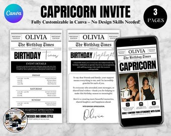 Capricorn Birthday Newspaper Invitation, Digital Capricorn Birthday, Digital Weekend Birthday Girl Trip Newspaper Invitation, Canva Editable