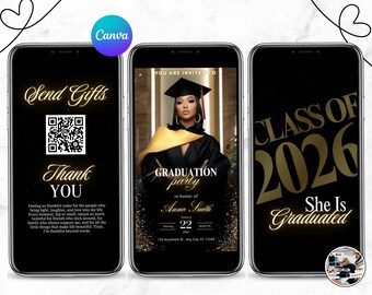 アニメーション付き卒業パーティー招待状、カスタマイズ可能な2026年卒業クラス向け大学入学案内招待状、She Did It
