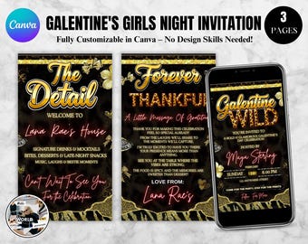 Gepard Galentines Day Party Einladung, Gold Rot Girls Night Video Evite, Galentines Party, bearbeitbare Canva Vorlage, Sofort Download