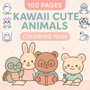 100 Kawaii Cute Animal Coloring Pages PDF | Printable Coloring Book for Kids & Adults | Fun Digital Art Activity | Instant Download