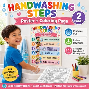 Pode incluir: Um conjunto de download digital com um cartaz colorido sobre os passos para lavar as mãos e uma página para colorir em preto e branco. O cartaz ilustra seis passos numerados para uma higiene adequada, desde molhar até secar as mãos.