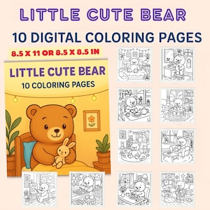Pode incluir: Um livro de colorir digital intitulado "Little Cute Bear" com 10 páginas para colorir. A capa apresenta um urso castanho e um coelhinho. As páginas medem 21,6 x 27,9 cm ou 21,6 x 21,6 cm. As páginas para colorir mostram um urso em várias cenas.