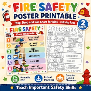 Op de afbeelding: Een printbare set brandveiligheidsposters met twee pagina's, één in kleur en één in zwart-wit. De posters bevatten genummerde stappen voor kinderen, zoals Stop, Drop and Roll, Get Low and Go, Feel the Door, Never Hide, Call 911 en Meet at the Safe Spot.