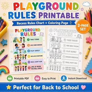Puede incluir: Un conjunto imprimible de dos páginas titulado Playground Rules, que incluye una tabla ilustrada a color y una página para colorear en blanco y negro. Ambas hojas enumeran seis reglas con gráficos de niños jugando en la escuela.